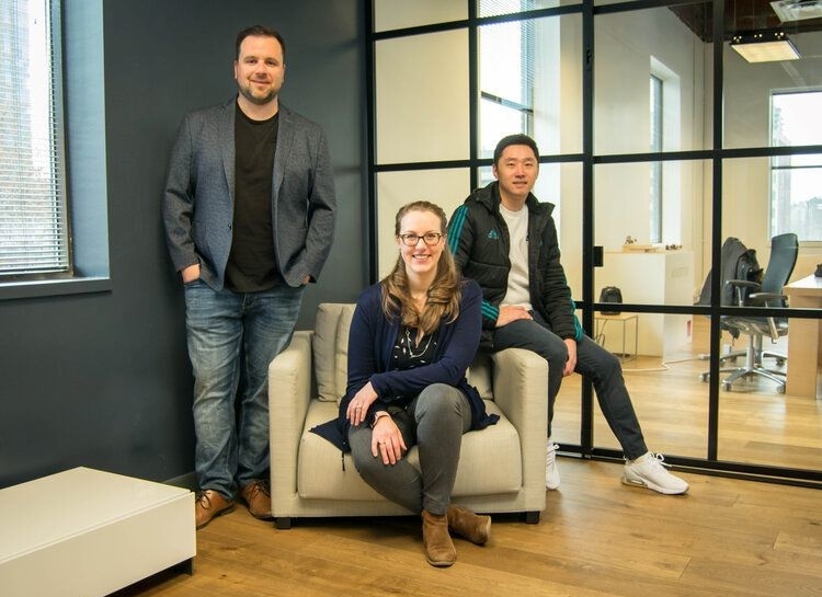 Wesley Sessenwein, BComm 08, Jenn Hunter and Johan Lee PayShepherd's co-founders, Wesley Sessenwein, Jenn Hunter, and Johan Lee, posing in an office setting