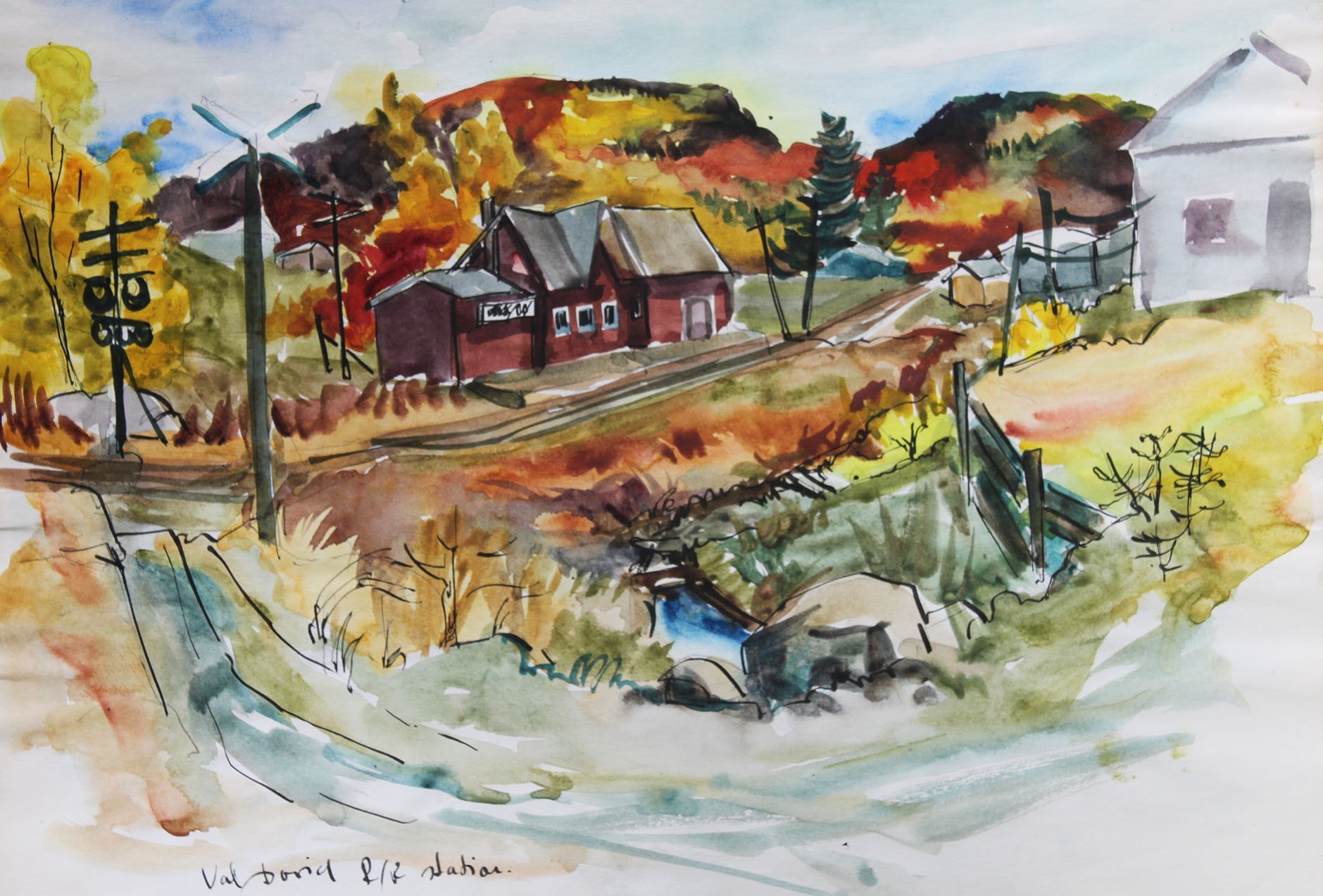 Rose Szasz watercolour A brightly colored watercolour painting with depicting a red farm building in the center with train tracks running alongsie. There is a stream in the center as well as a white farm building to the side.