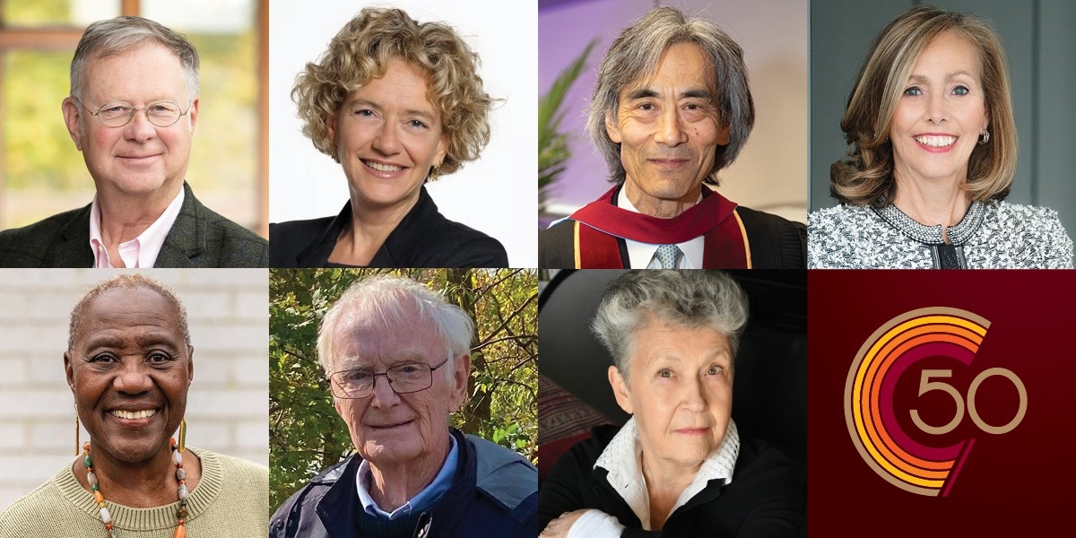 Seven honorees of the Order of Canada, featuring their headshots with a "50" emblem in the corner.