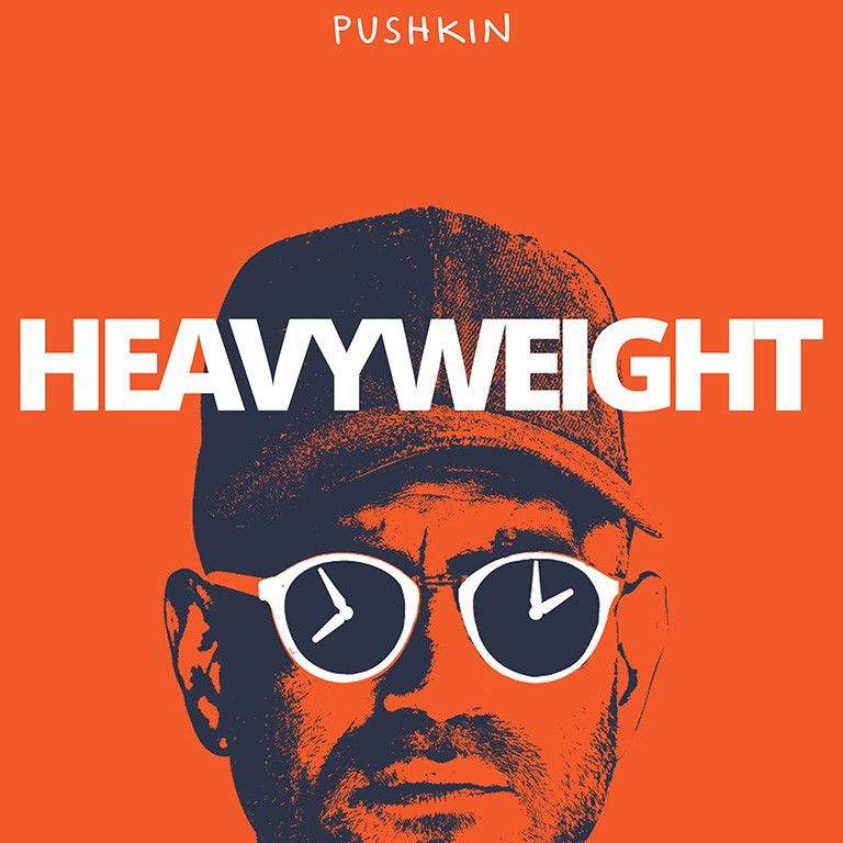 The poster for the Heaveyweight podcast has a man's head with sunglasses that have clock dials on the lenses on a bright orange background.