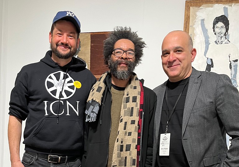 Russ Makofsky, Adhemar Ahmad and Eric Fallen Three men stand together in front of artworks.