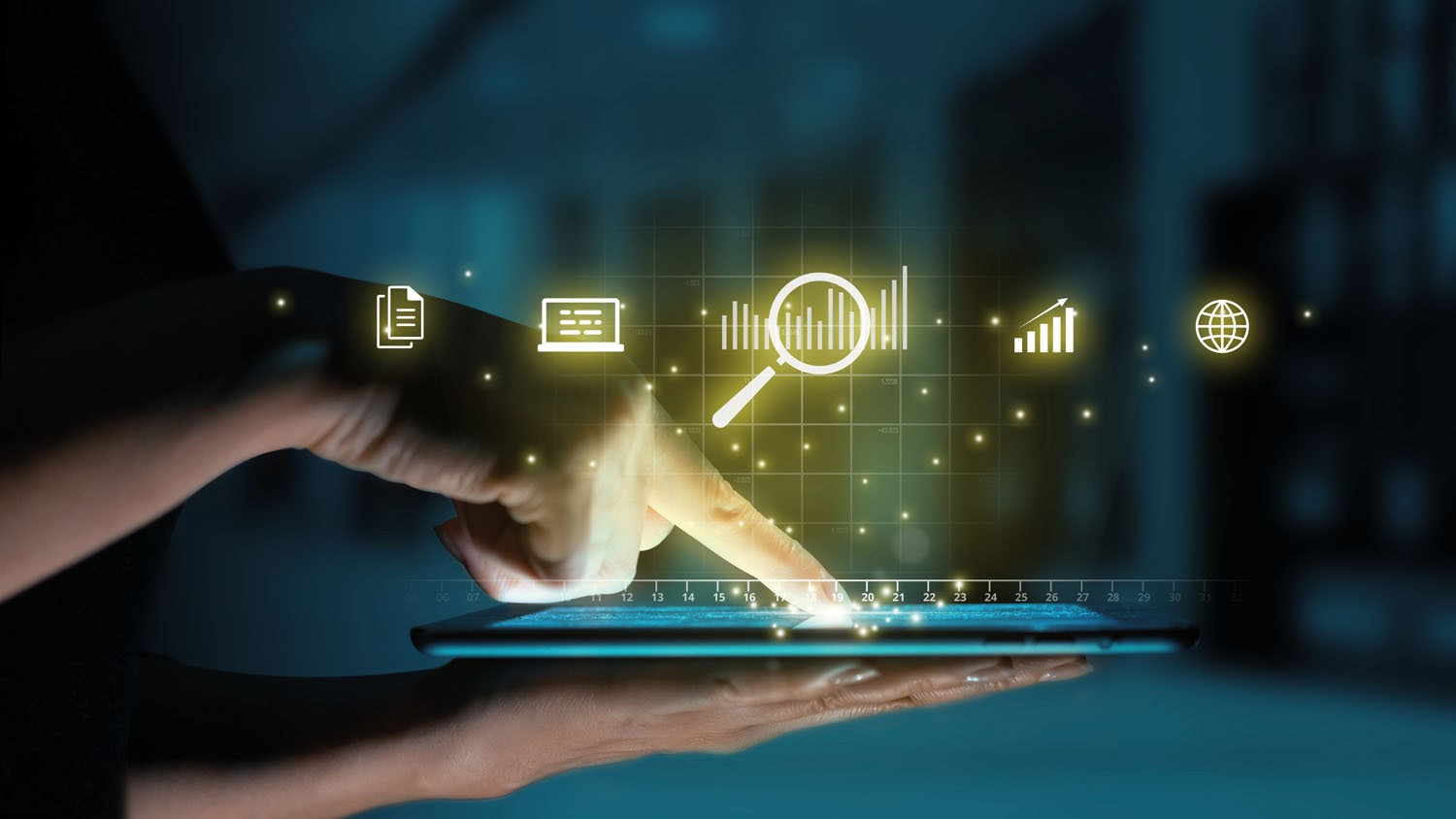 A hand holds up a laptop computer while another hand points to the touchpad.
