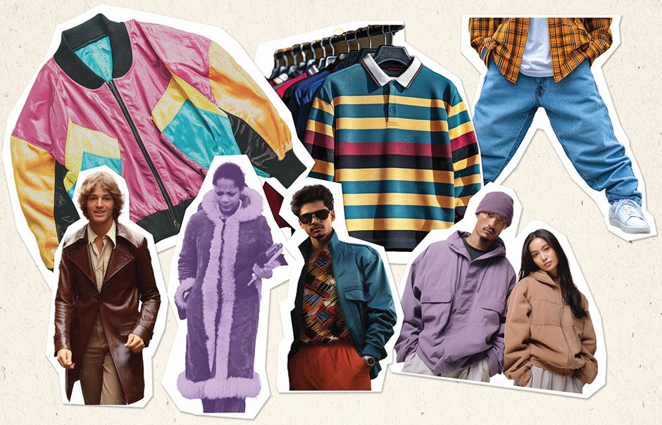 A cut-out style collage of fashion over the decades