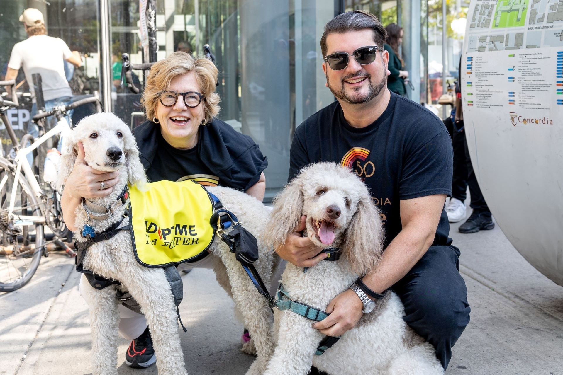 Two people pose with poodles.