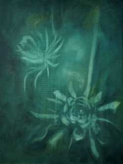 Tapestry with abstract design in pastel shades with black accents.