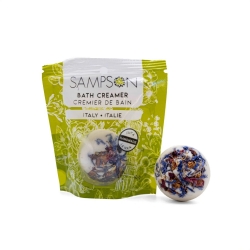 Sampson Italy bath creamer package with a floral-topped bath creamer beside it.