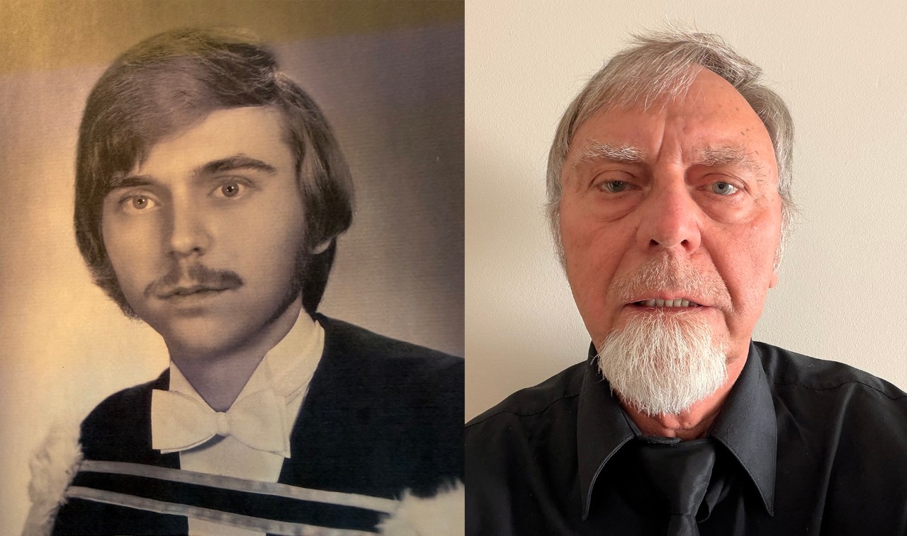Diptych of Stephen Bodie featuring a photo of him as a student in the 1970s and one of him today.