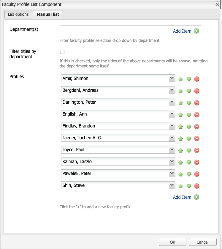 Faculty profile component, manual list tab screen shot of faculty profile list component, displaying the list of names of faculty members to be displayed.