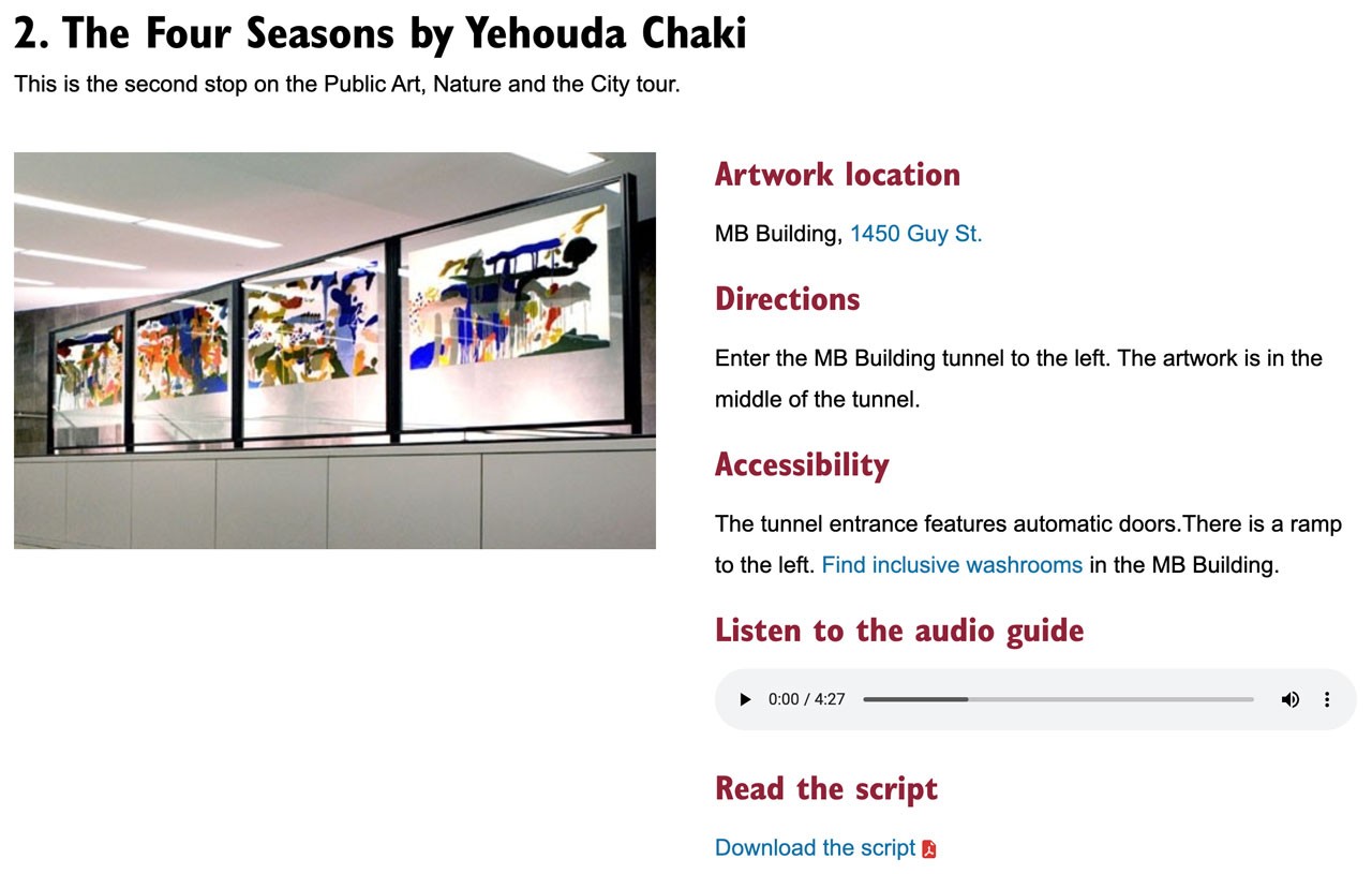 Public Art tours sample Screen capture of an artwork on one of Concordia's Public Art tours featuring the location, directions, accessibility notes, audio guide and downloadable transcript.
