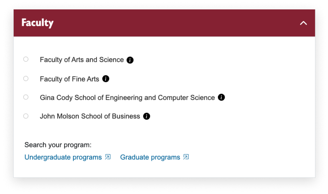The Faculty screen of the tuition & fee estimator displaying contextual links to program pages.