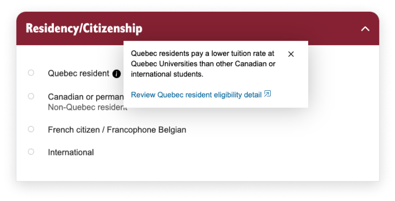 The residency/citizenship section of the estimator containing a tooltip pop up with info on Quebec resident eligibility.