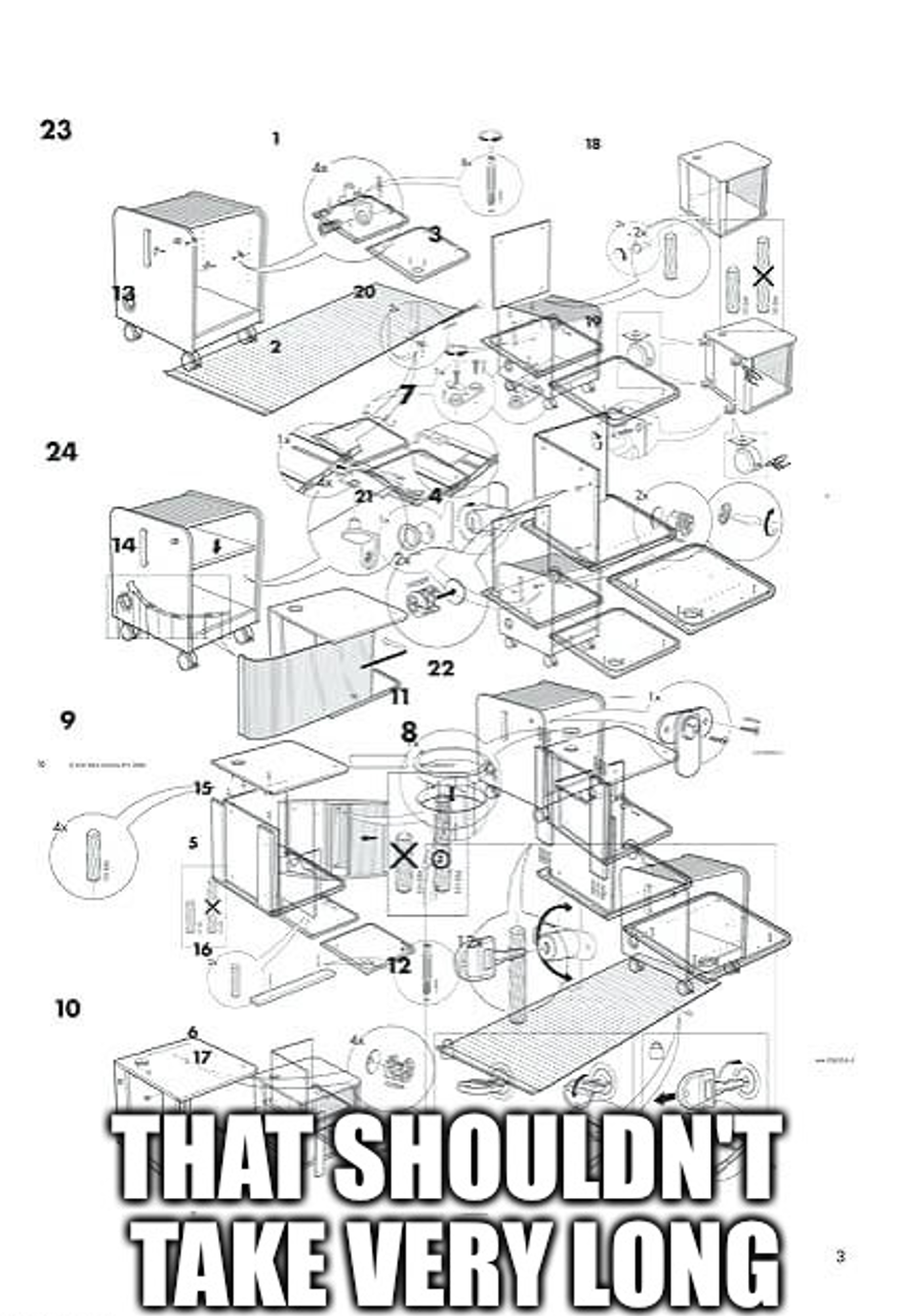 a diagram of complex instructions with the caption 'that shouldn't take very long'