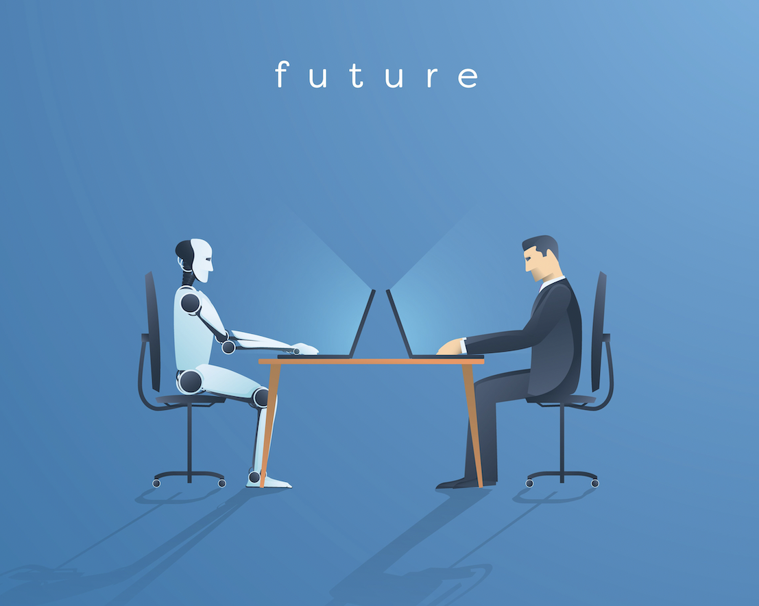 Robot and man sit face-to-face at work Robot and man sit face-to-face at work