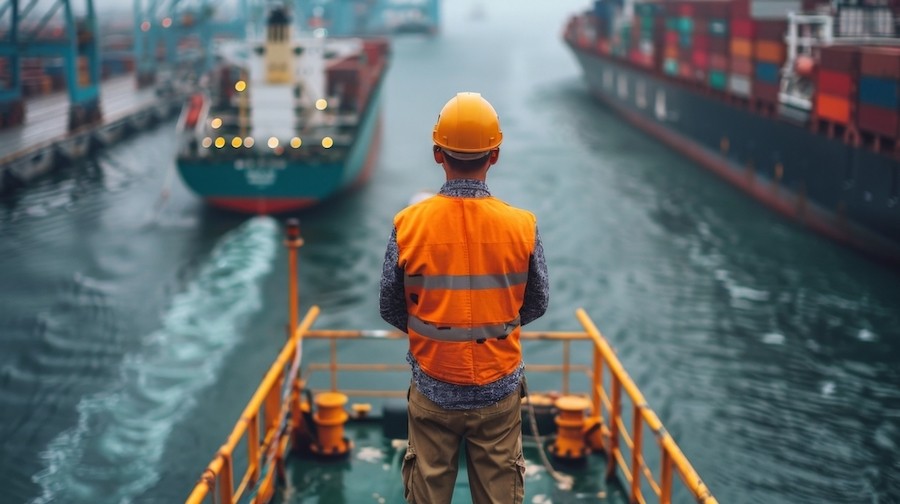 A man looks at cargo ships