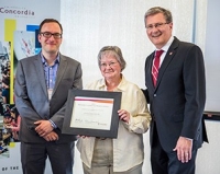 Estelle Bouthillier with Chief Communications Officer Philippe Beauregard and President Alan Shepard. Photo by Concordia University