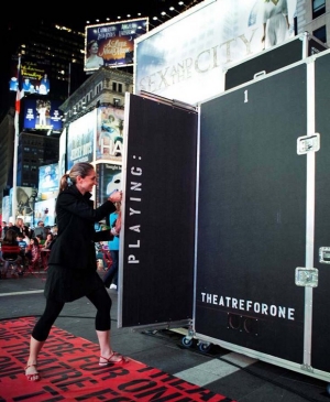 Christine Jones stepping into her Theater for One in Times Square.