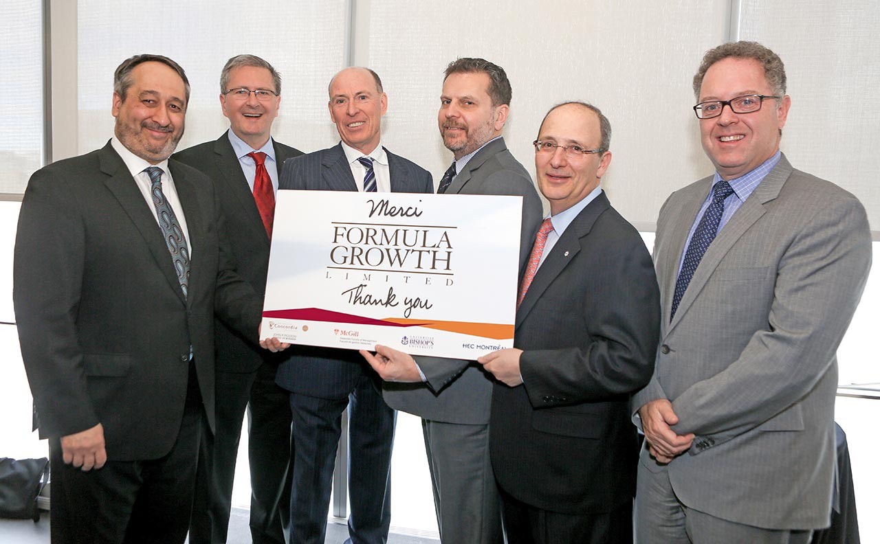 Left to right: Michel Patry, director of HEC Montréal; Alan Shepard, president of Concordia University; Randall Kelly, president of Formula Growth Limited; Steve Harvey, dean of Concordia’s John Molson School of Business; Michael Goldbloom, C.M., principal of Bishop’s University; Marc Weinstein, vice-principal of Development and Alumni Relations at McGill University.