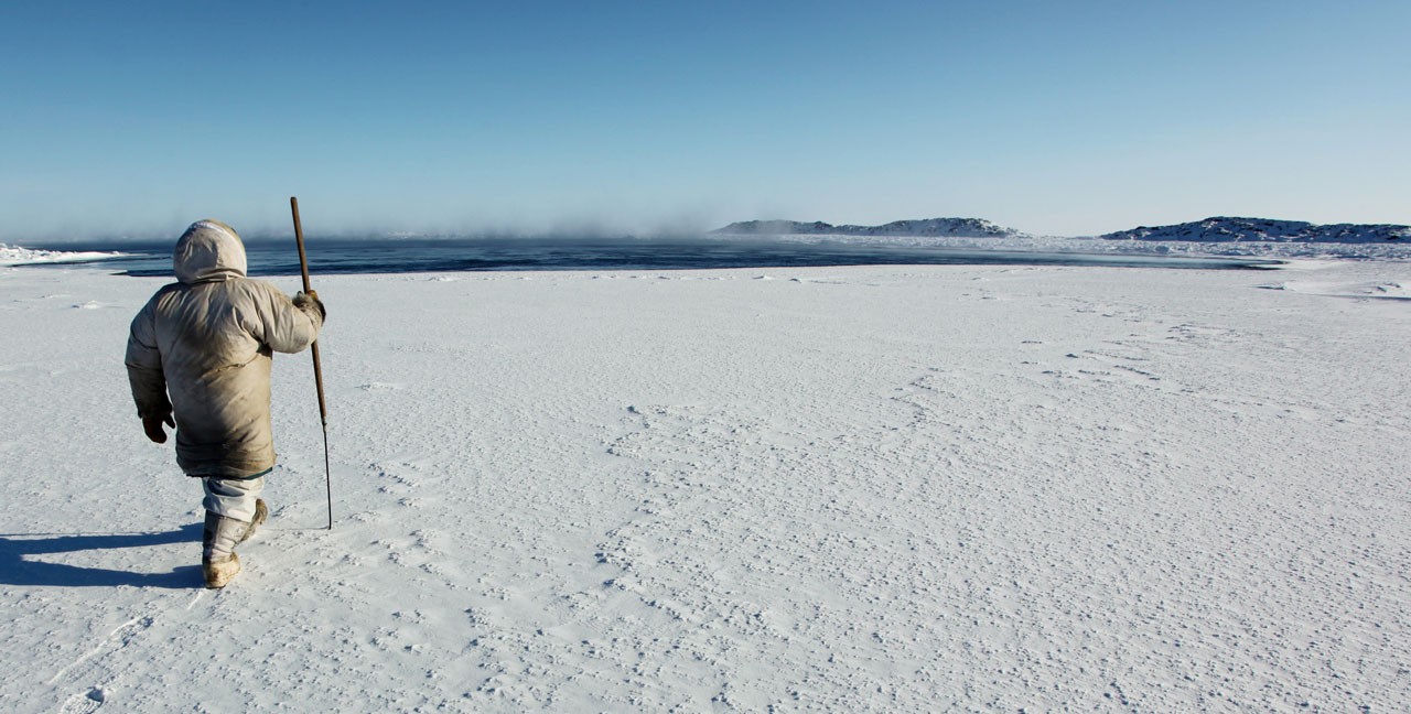 An Inuit hunter uses a harpoon to test the ice