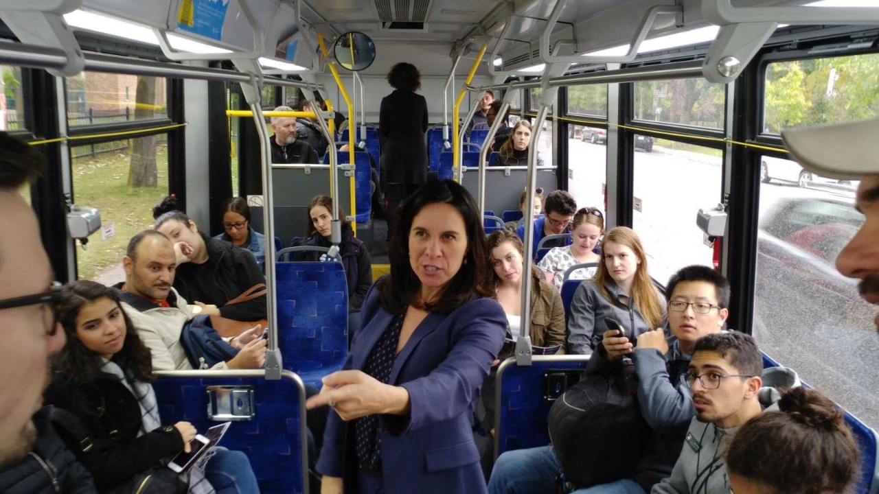 Montreal Mayor Valérie Plante campaigning on a city bus before the municipal election in 2017. Critics are calling on her administration to make consultations on an "age friendly" Montreal more accessible. Photo from Facebook Montreal Mayor Valérie Plante campaigning on a city bus before the municipal election in 2017. Critics are calling on her administration to make consultations on an "age friendly" Montreal more accessible. Photo from Facebook