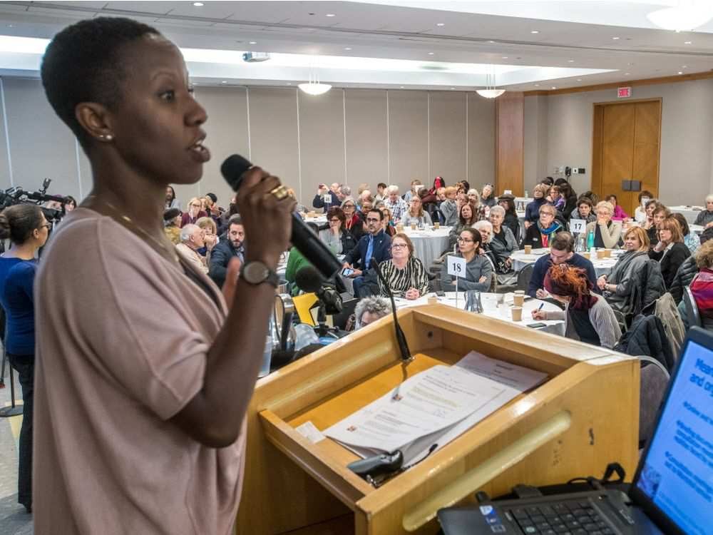 Moderator Nadia Bastien, the head of the intercultural relations and specific clients division of the city’s Social Diversity and Sports service, speaks at seniors policy consultation session at the Cummings Centre on Monday, Feb. 26, 2018. DAVE SIDAWAY / MONTREAL GAZETTE