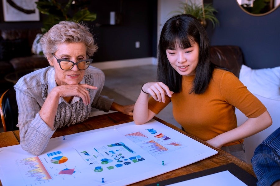 Women talking over a graph