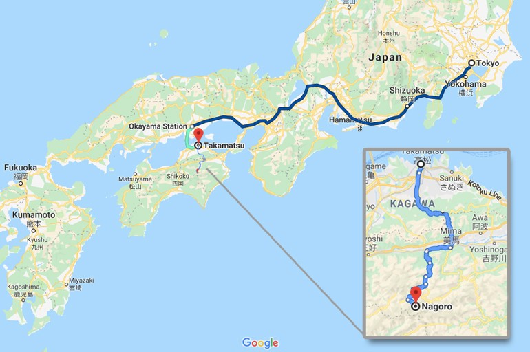 Google Map from Tokyo to Nagoro
