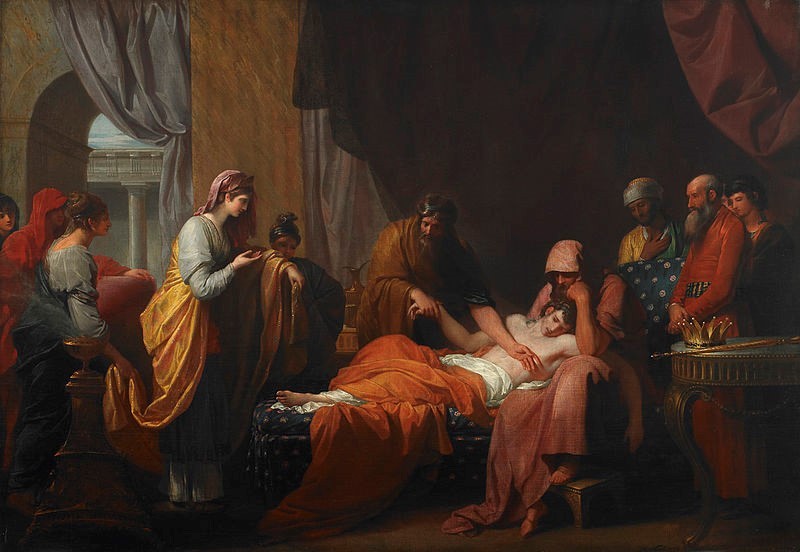 Erasistratus the Physician examines the pulse and discovers the love of Antiochus for Stratonice by Benjamin West (1772)