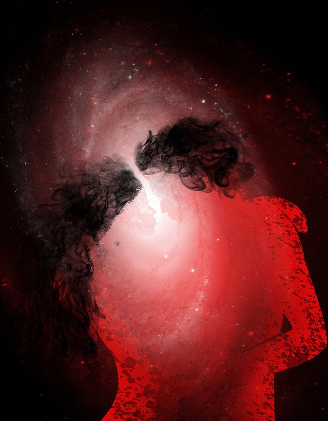 Two red people-shapes embracing in space