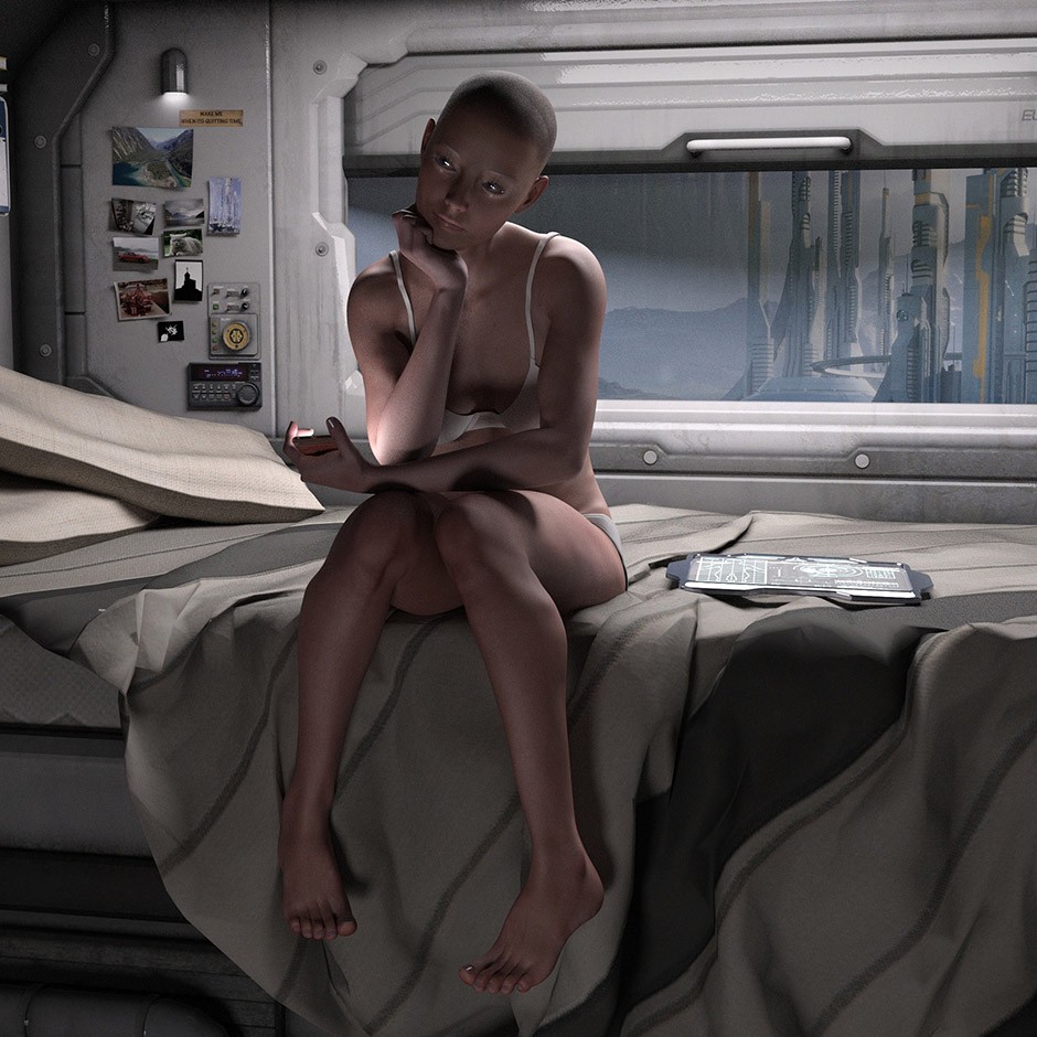 A character wondering in the bed of a space base