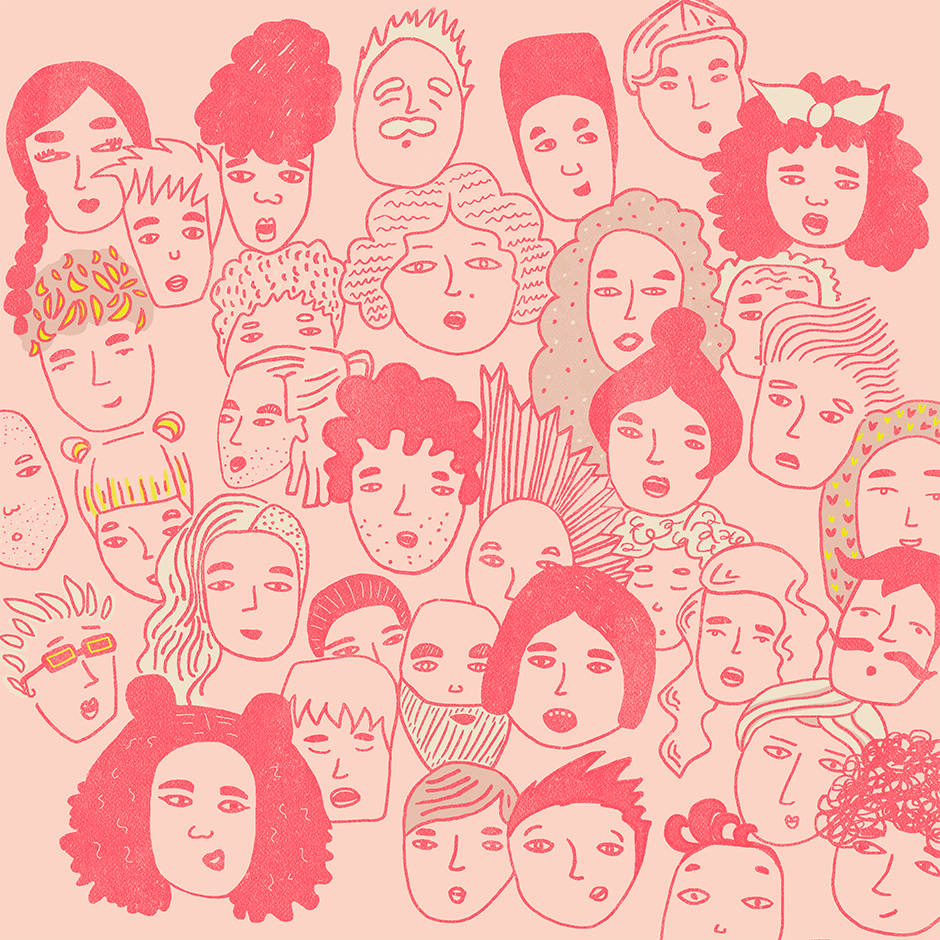 Drawing of a diverse group of people representing the student body.