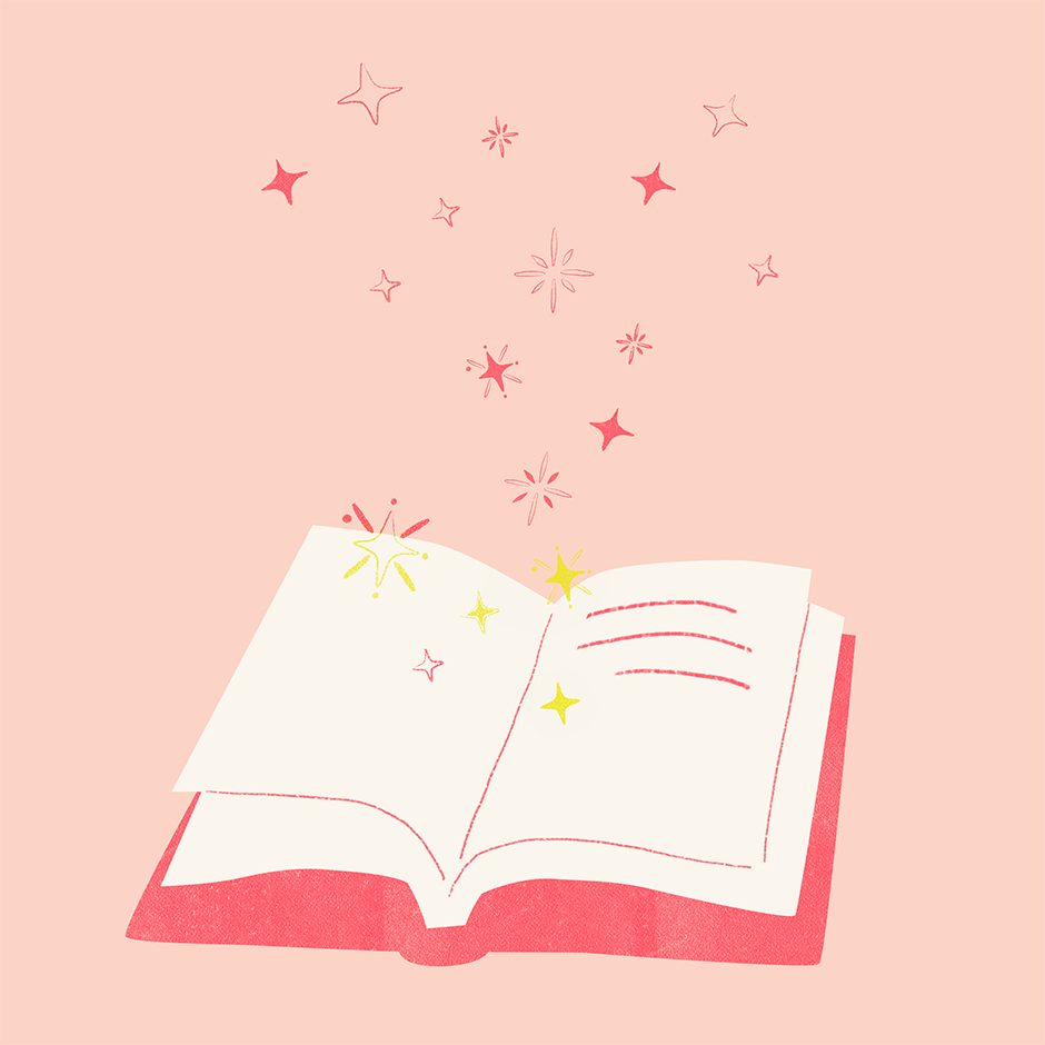 Drawing of a book with stars emanating from it.