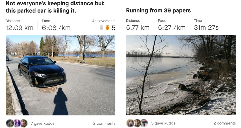 Two Strava screenshots – parked car & ‘running from 39 papers’