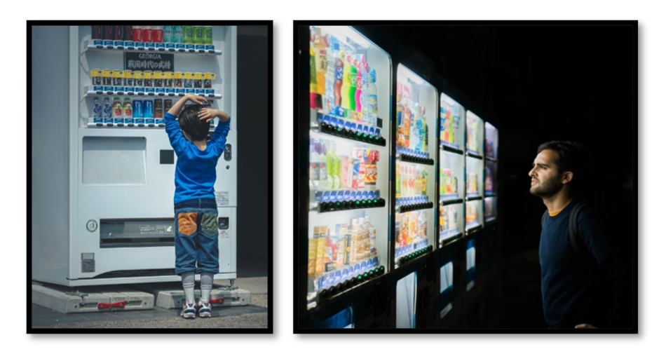 Left: kid scratching his head, looking at a drink vending machine; right: adult looking at multiple drink vending machines