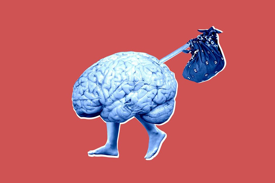 Brain on red background walking with kerchief on stick