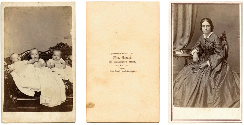 Three 19th century cartes-de-visite ; triplets, verso, woman