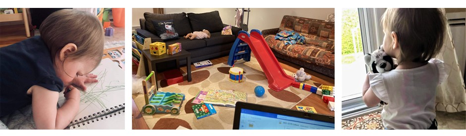 Three photos, toddler and her play space