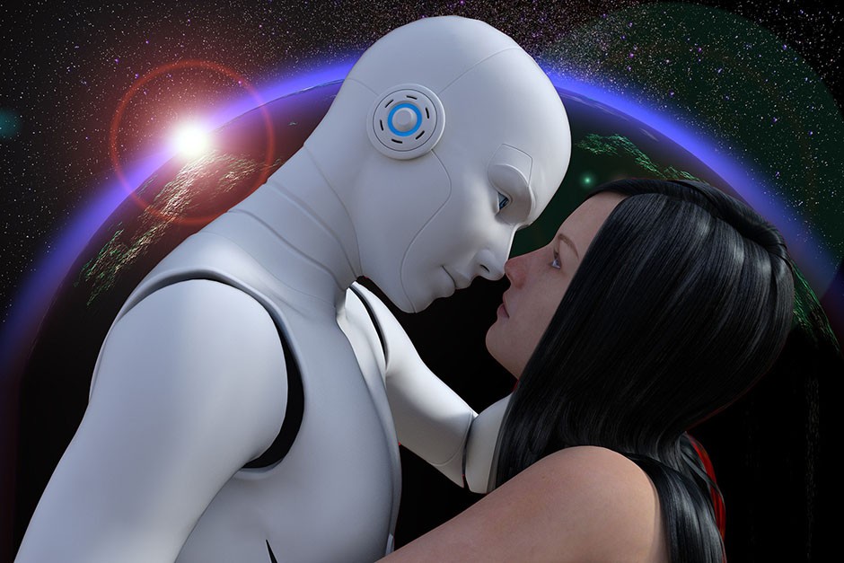 Robot and women kissing