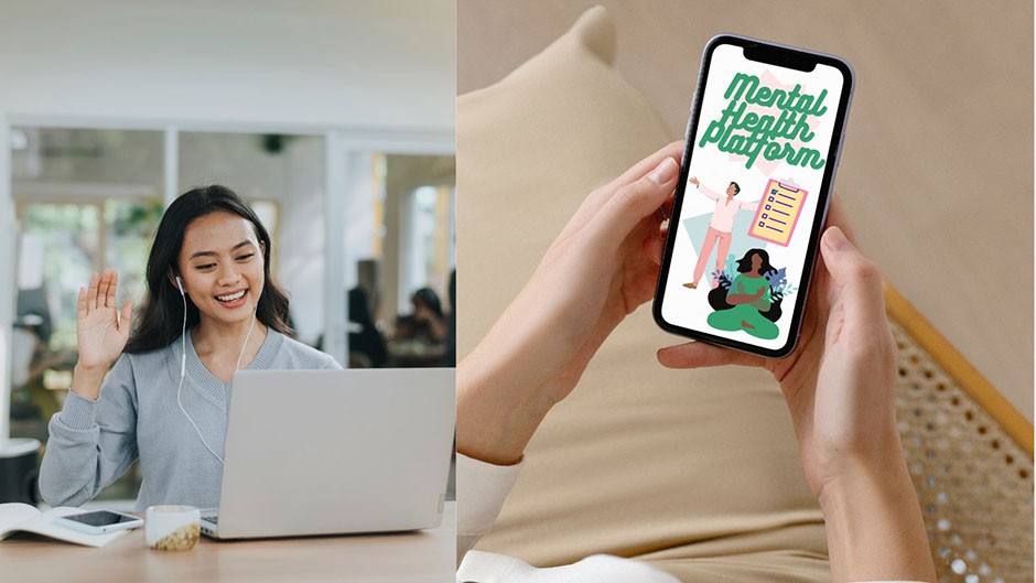 On the left is a woman is on video call on laptop with therapist, she waves at the screen smiling. On the right is a smart phone screen showing the interface of a mental healthcare application.