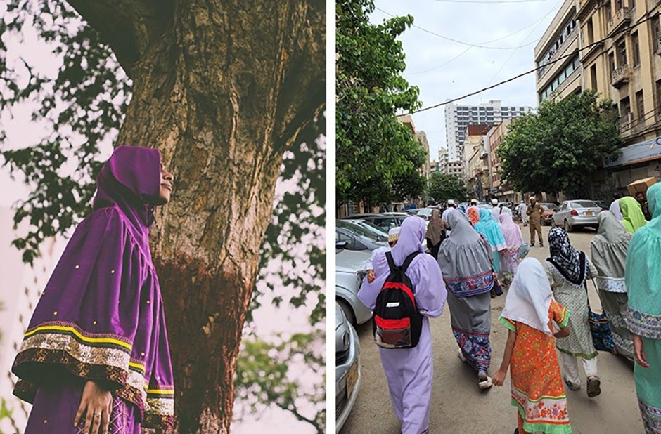 Two Images: One woman wearing a purple-colored religious hijab called a rida looks up at the sky. The second images shows the backs of women and children walking along a street.
