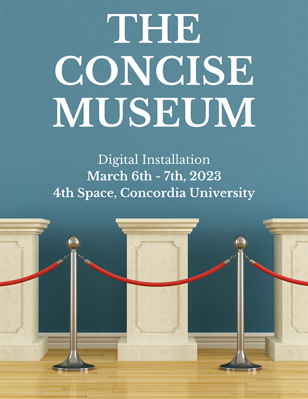 The poster for The Concise Museum with a blue background and white greek type pillars in the front.