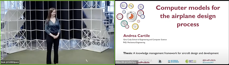 2023 3MT Competition Image shows a screen capture of a youtube video recording of the 3MT competition. On the left-hand-side a window displays Andrea Cartile, standing, wearing a bottle-green shirt and black pants. On the right-hand-side a slide is displayed reading "Computer models for the airplane design process, Andrea Cartile, Gina Cody School of Engineering and Computer Science, PhD Mechanical Engineering, Thesis: A knowledge management framework for aircraft design and development".
