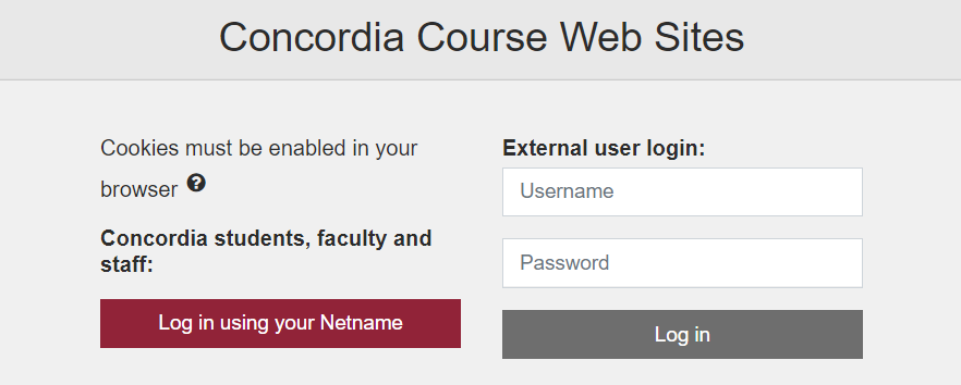 Login screenshot Screenshot of grey login screen to Concordia course websites
