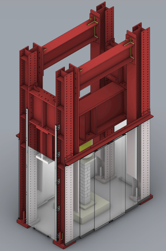 A detailed CAD rendering of the same red metal structure.