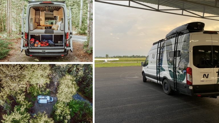 Série de trois photos d'une caravane rénovée transformée en camping-car : une photo de l'intérieur à travers les portes arrière, une photo de drone d'une camionnette dans une forêt et une vue latérale du véhicule