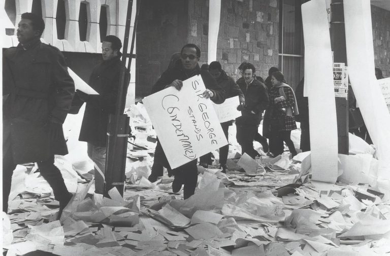 Students demonstrating in front of Hall Building, 11 February 1969