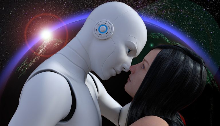 Robot male embracing human female