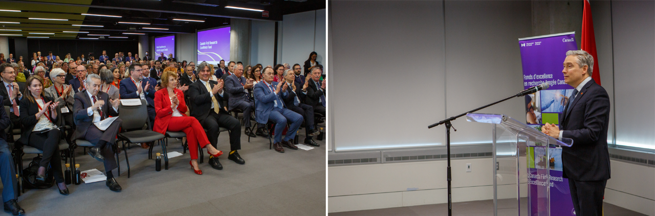 L'image de gauche montre une salle remplie de participants à une conférence de presse, l'image de droite montre un homme en costume s'exprimant sur un podium.
