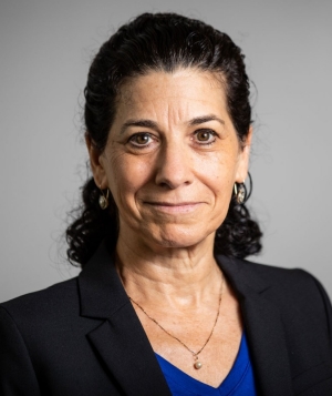 Smiling older woman with dark hair pulled back, wearing a blue top and dark blue blazer