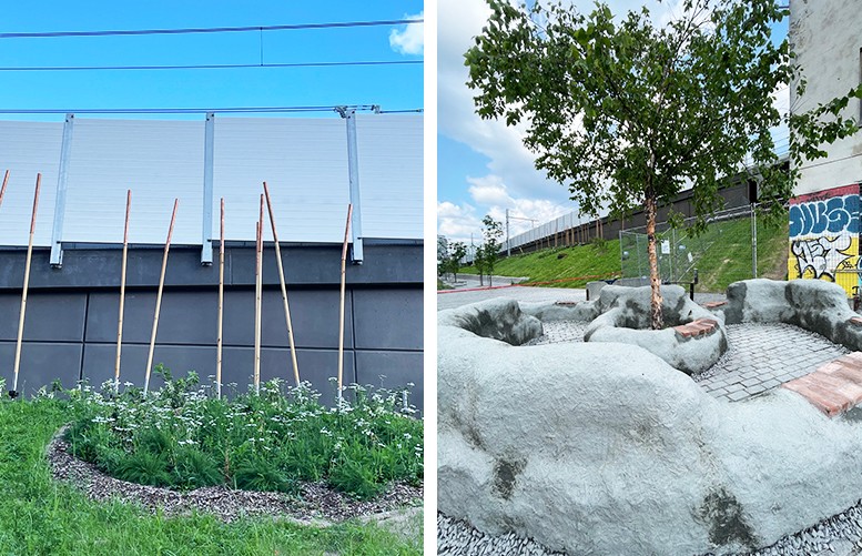 Image en diptyque avec, à gauche, de l'herbe et des fleurs devant un mur gris avec des tiges de bambou et, à droite, une sculpture de muret en béton dans un environnement urbain.