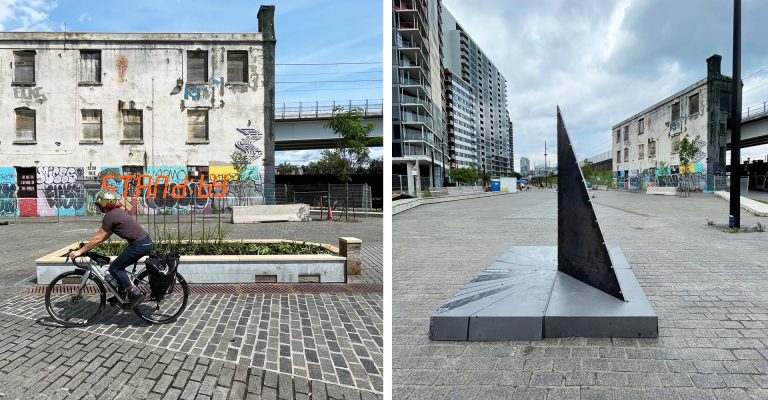 Image en diptyque avec, à gauche, un cycliste dans un environnement urbain et, à droite, une sculpture de cadran solaire dans un environnement urbain.